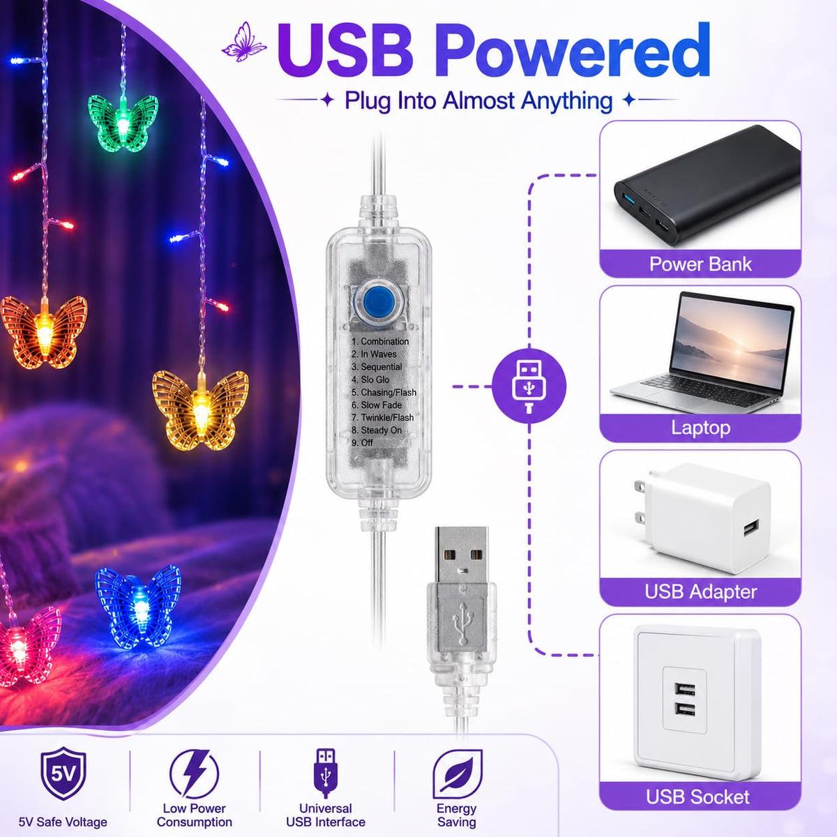 Butterfly Curtain Fairy Lights USB Plug in,8 Modes 120 LED 20FT Firefly Twinkle String Lights with Remote