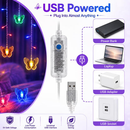 Butterfly Curtain Fairy Lights USB Plug in,8 Modes 120 LED 20FT Firefly Twinkle String Lights with Remote