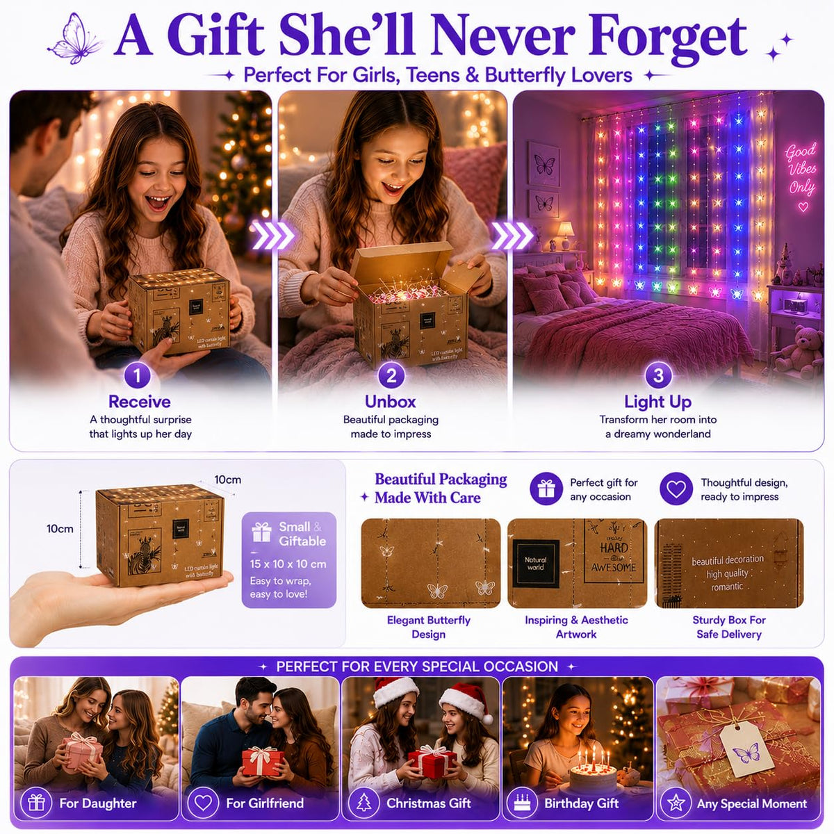 Butterfly Curtain Fairy Lights USB Plug in,8 Modes 120 LED 20FT Firefly Twinkle String Lights with Remote