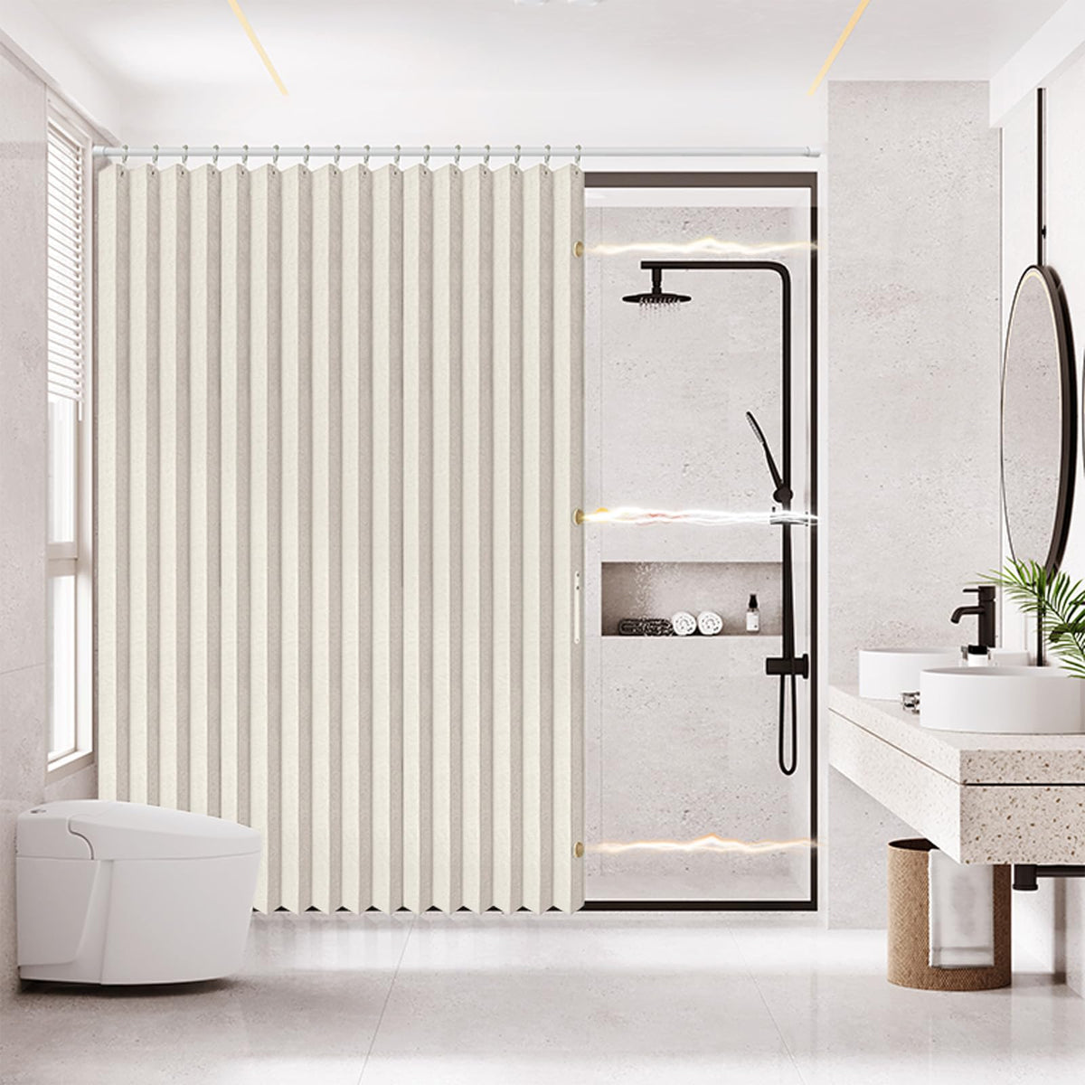 Folding Magnetic Waterproof Shower Curtain with Hooks, Acordion Polyester Shower Curtains for Bathroom