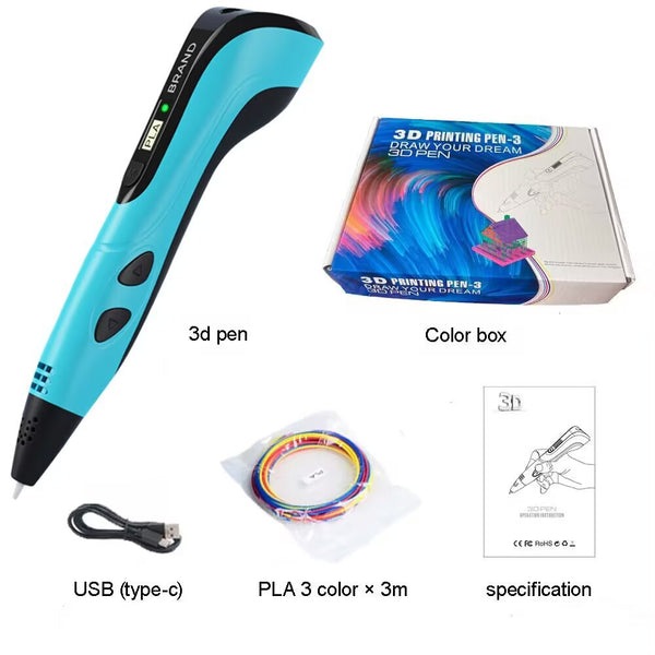 3D Printing Pen Set with Display - Includes 3 Starter Colors of PLA Filament, Stencil Book