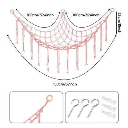 Hand-knitted Large Plushie Net Toy Hammock with Wooden Rings