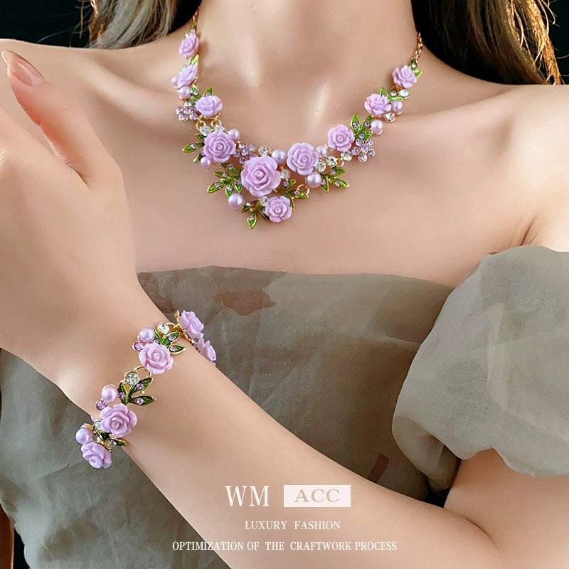 Sweet Floral and Leaf-shaped Gem and Pearl Necklace and Bracelet