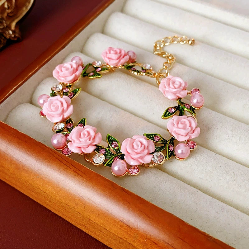 Sweet Floral and Leaf-shaped Gem and Pearl Necklace and Bracelet