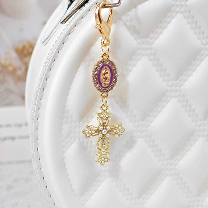 Pearl Cross Pattern Bag Charm Keychain, Vintage Baroque Rhinestone Inlaid Pendant