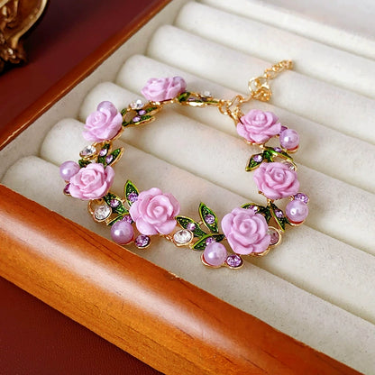 Sweet Floral and Leaf-shaped Gem and Pearl Necklace and Bracelet