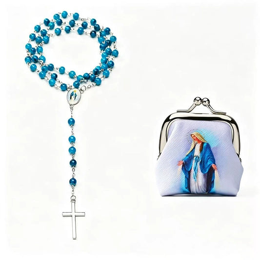 Virgin Mary Coin Purse with Rosary Beads Catholic Prayer Charm