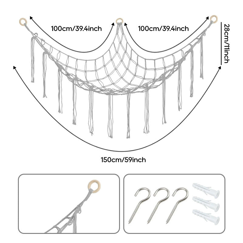 Hand-knitted Large Plushie Net Toy Hammock with Wooden Rings