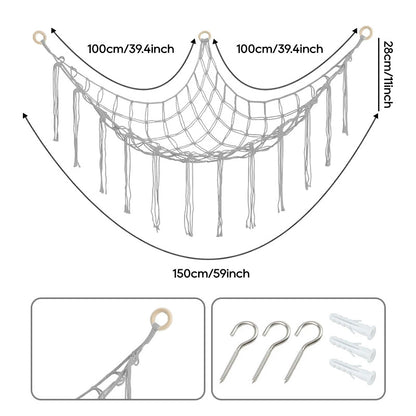Hand-knitted Large Plushie Net Toy Hammock with Wooden Rings