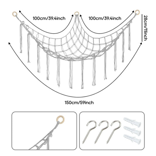 Hand-knitted Large Plushie Net Toy Hammock with Wooden Rings