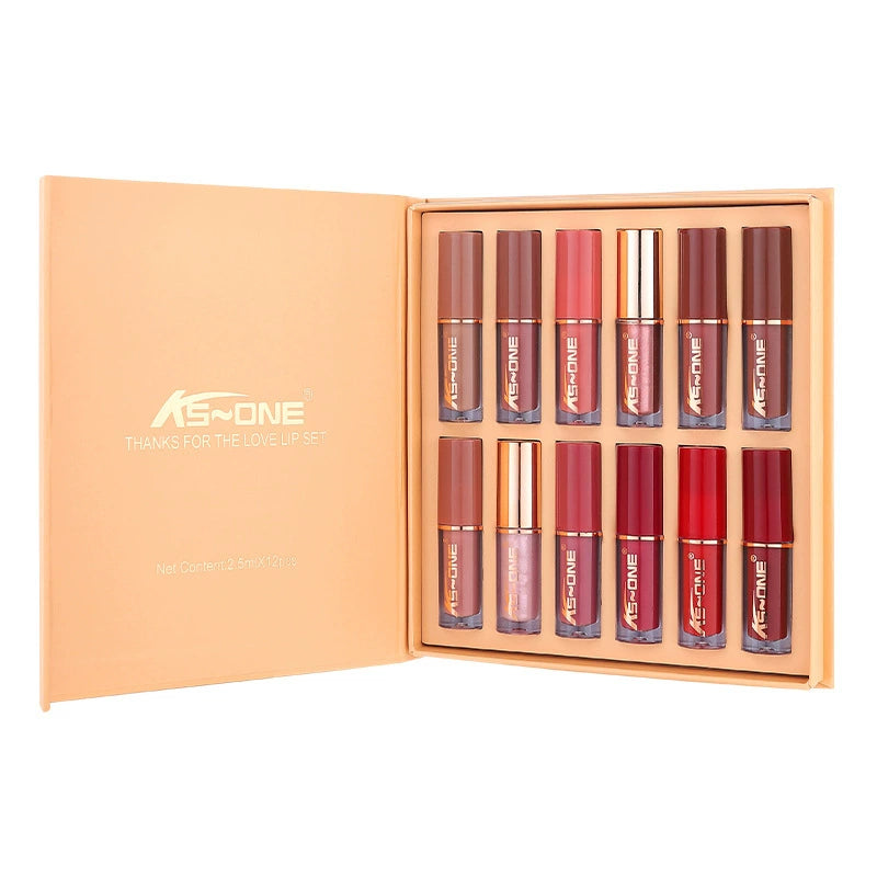 12-Color Book Lip Gloss Set Hot-Selling Matte Pearl Non-Stick Cup Lip Glaze