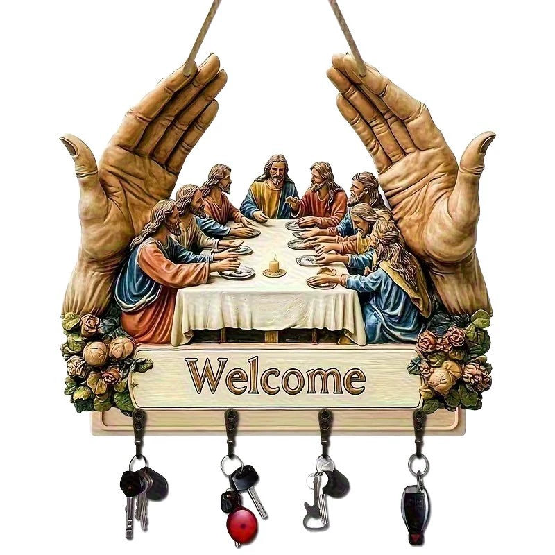 2D Flat Jesus and Disciples Wall Art Keychain, Key Holder Wall Mount with 4 Metal Hooks