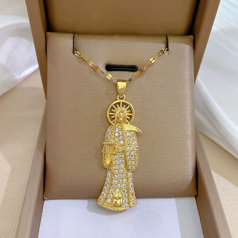 Santa Muerte Necklace Statement Crystal Santa Muerte Pendant Necklace