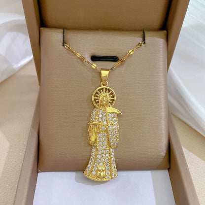 Santa Muerte Necklace Statement Crystal Santa Muerte Pendant Necklace