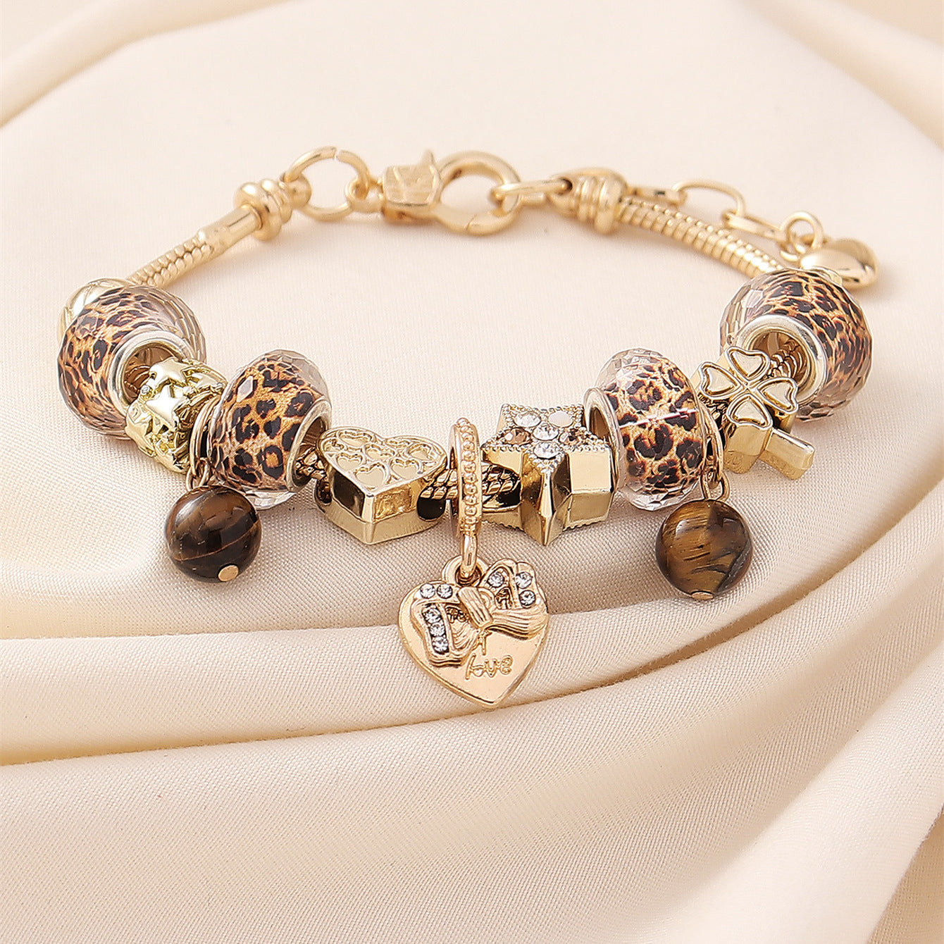 Gold Leopard Print Beaded Pendant Bracelet