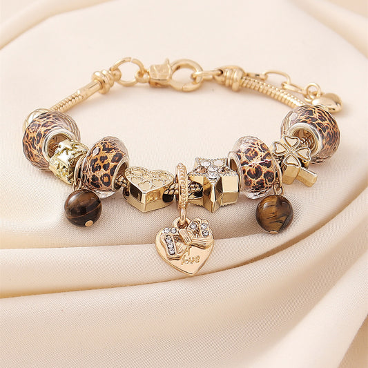 Gold Leopard Print Beaded Pendant Bracelet