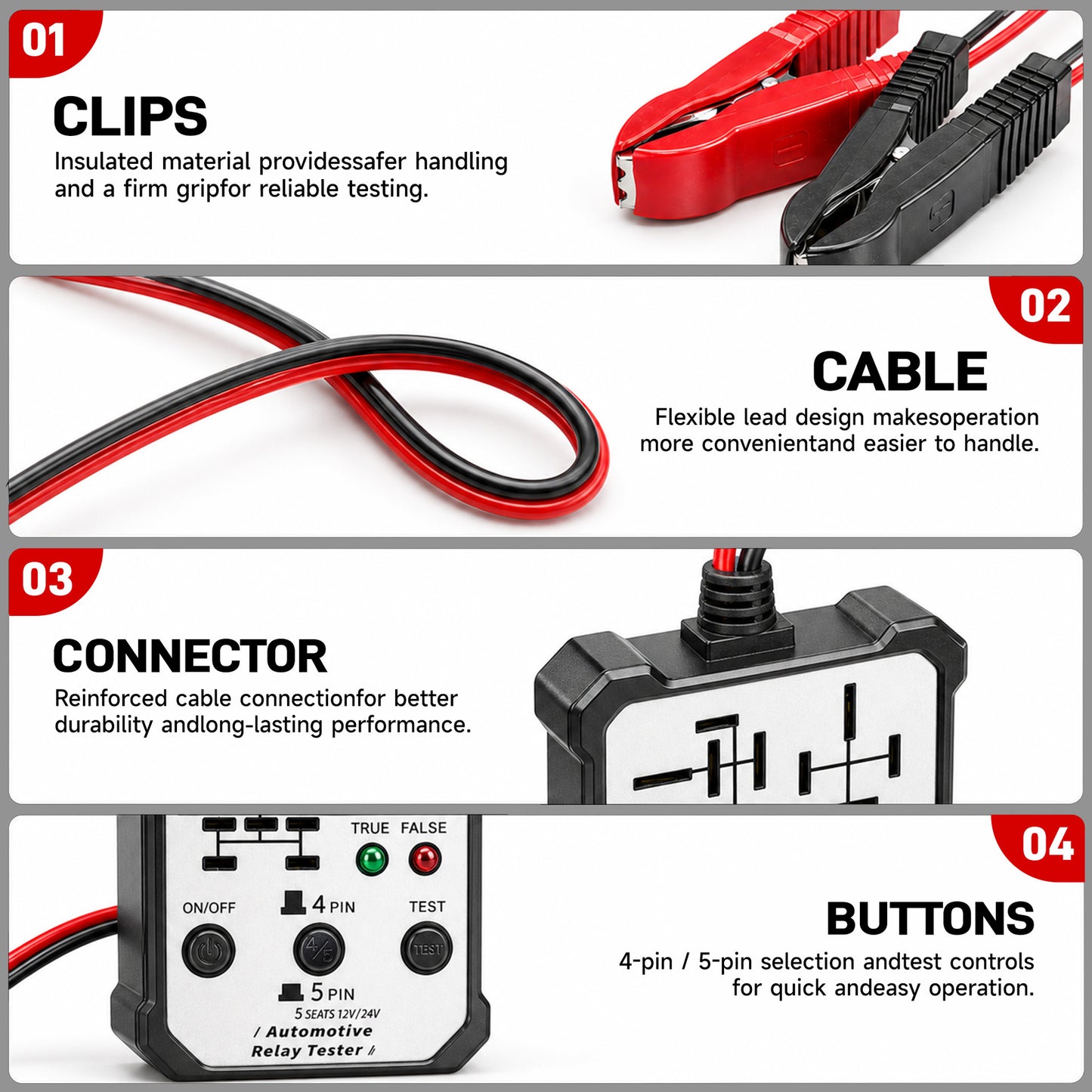 12V/24V Multi-Pin Automotive Relay Tester with Battery Clips