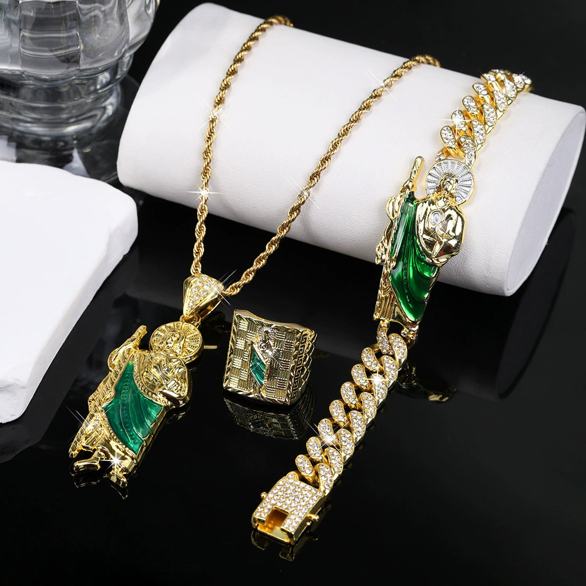 4Pcs San Judas Tadeo Jewelry Set, San Judas Pendant Necklace Bracelet Ring Set