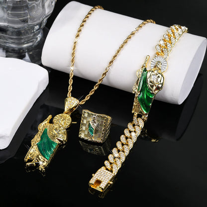 4Pcs San Judas Tadeo Jewelry Set, San Judas Pendant Necklace Bracelet Ring Set