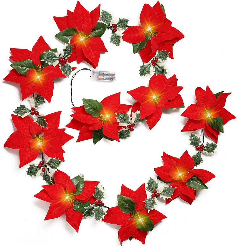 9.4 FT Lighted Artificial Garlands with Red Flowers and Berries