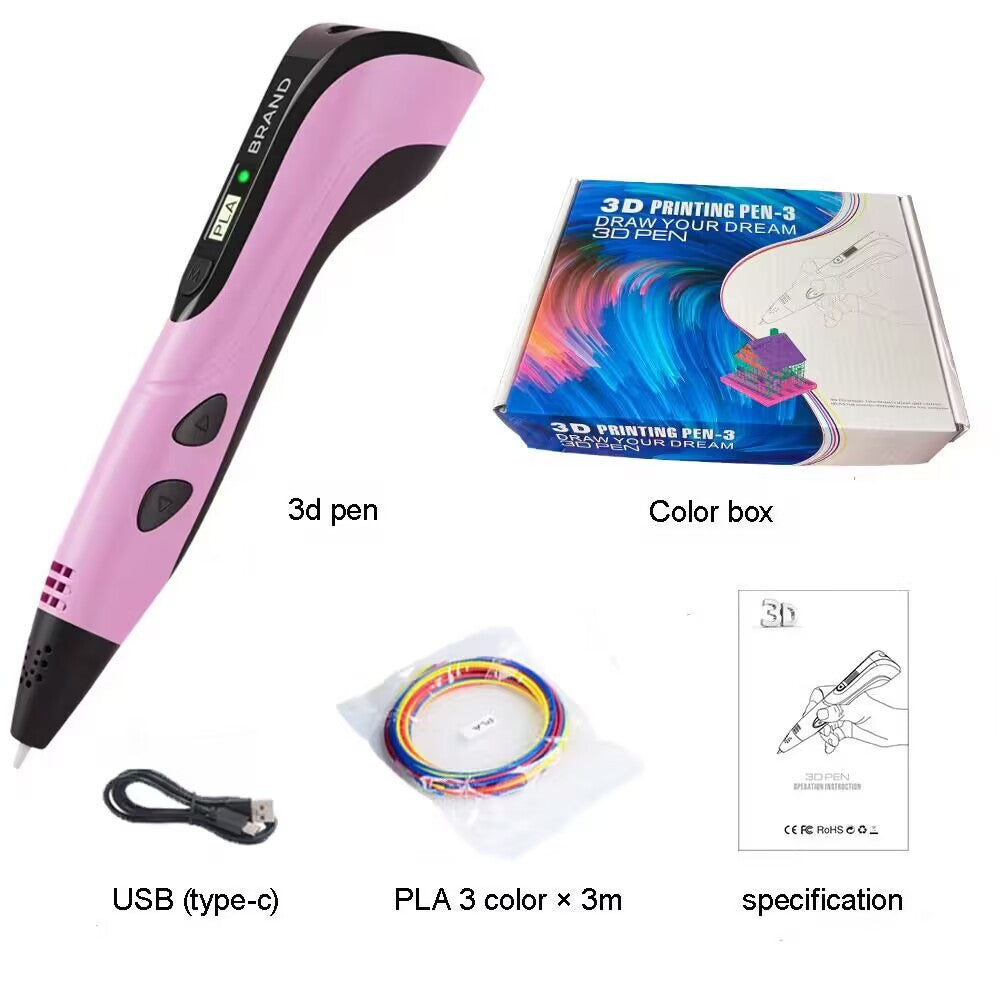 3D Printing Pen Set with Display - Includes 3 Starter Colors of PLA Filament, Stencil Book