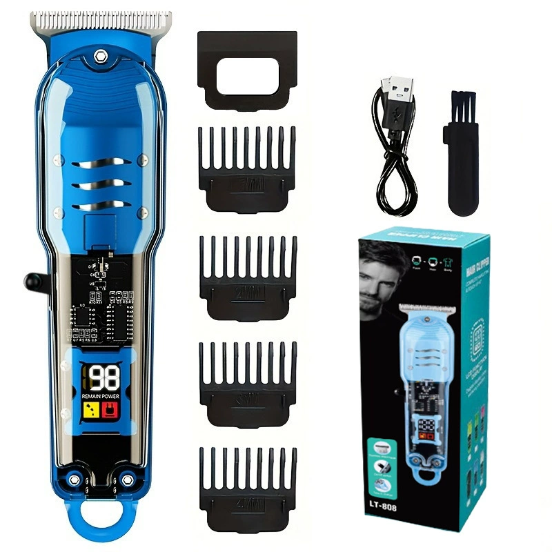 Professional Cordless Hair Clippers: Transparent Electric Hair Trimmer Set with 0 Pitch Light