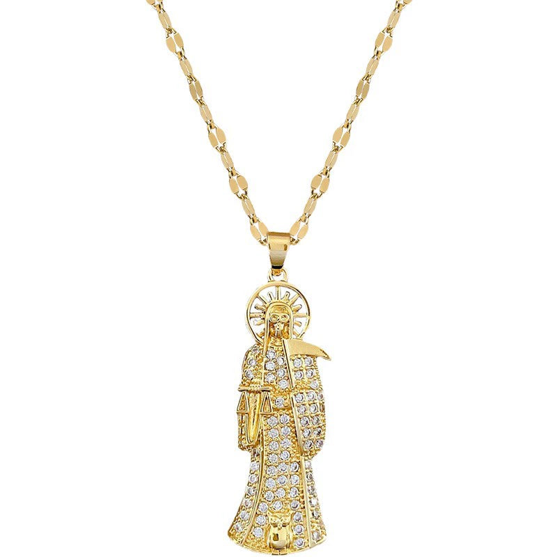 Santa Muerte Necklace Statement Crystal Santa Muerte Pendant Necklace