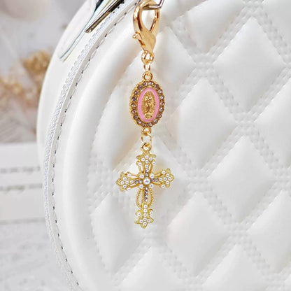Pearl Cross Pattern Bag Charm Keychain, Vintage Baroque Rhinestone Inlaid Pendant