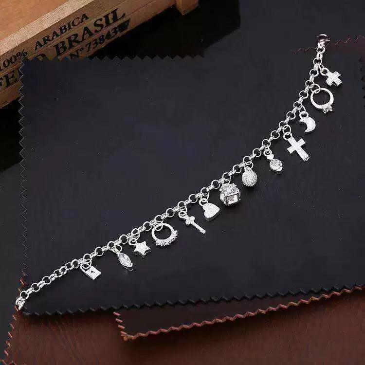 925 Sterling Silver Fashion 13pcs Pendant Chain Charm Bracelet