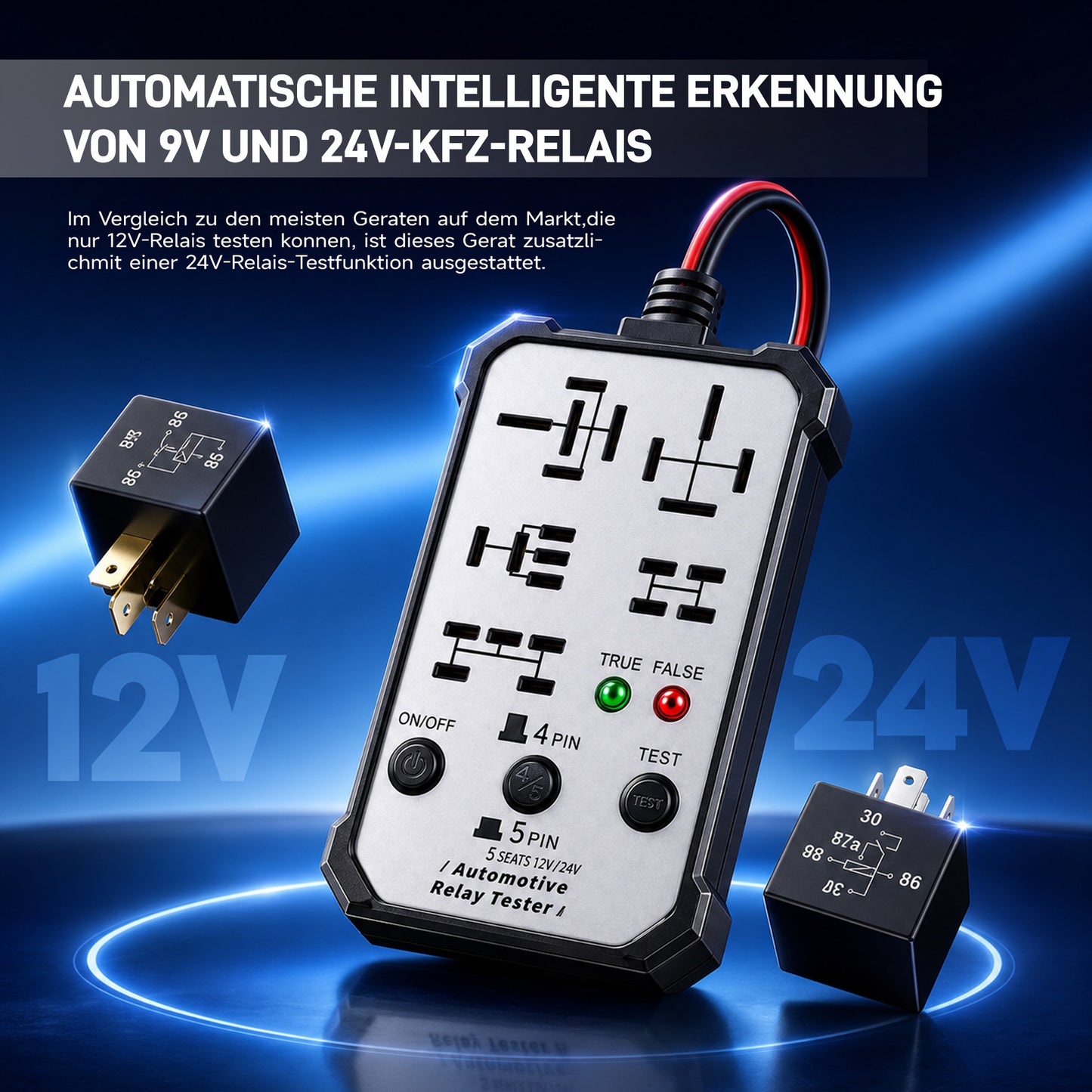 12V/24V Multi-Pin Automotive Relay Tester with Battery Clips