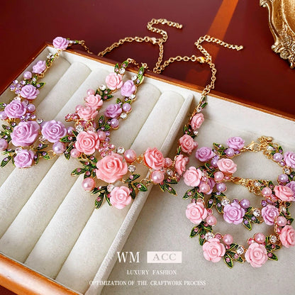 Sweet Floral and Leaf-shaped Gem and Pearl Necklace and Bracelet