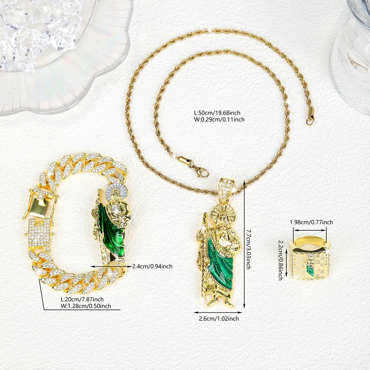 4Pcs San Judas Tadeo Jewelry Set, San Judas Pendant Necklace Bracelet Ring Set