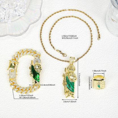4Pcs San Judas Tadeo Jewelry Set, San Judas Pendant Necklace Bracelet Ring Set