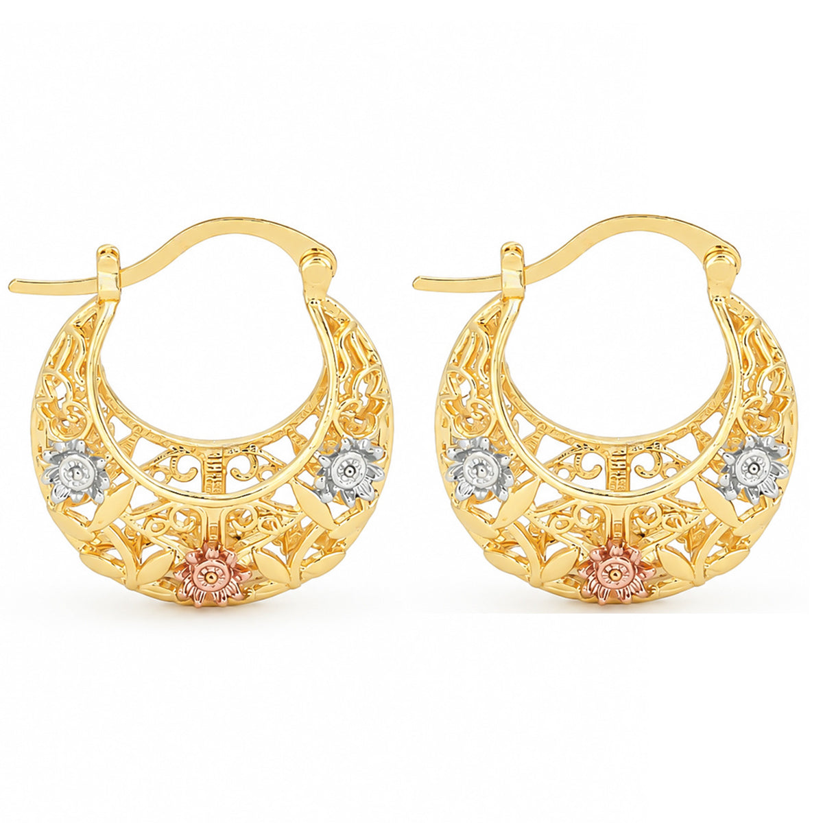 Gold Plated Crescent Moon Earrings with Colorful Enamel Flowers