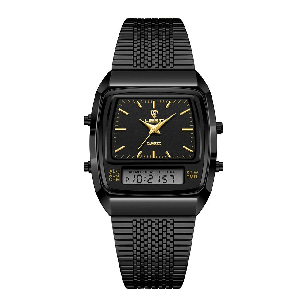 Retro Square Dial Watch for Men - Fashionable Waterproof 30M Dual Display Analog-Digital
