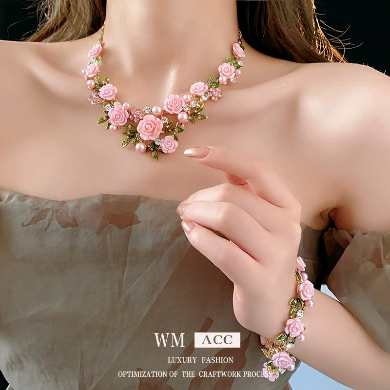 Sweet Floral and Leaf-shaped Gem and Pearl Necklace and Bracelet