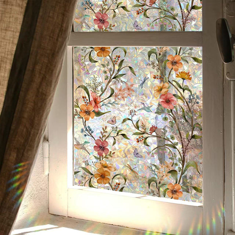 Sunroof Stained Glass Window Film, Decorative Rainbow Wildflower Static Window Clings