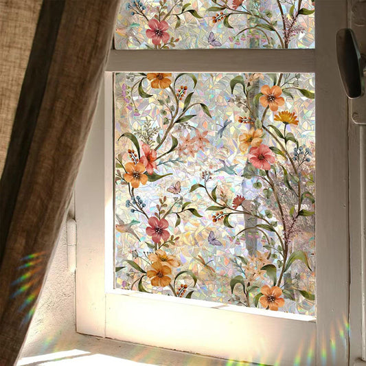 Sunroof Stained Glass Window Film, Decorative Rainbow Wildflower Static Window Clings