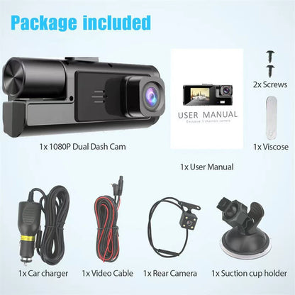 3-Lens Car Dashboard Camera with HD Night Vision