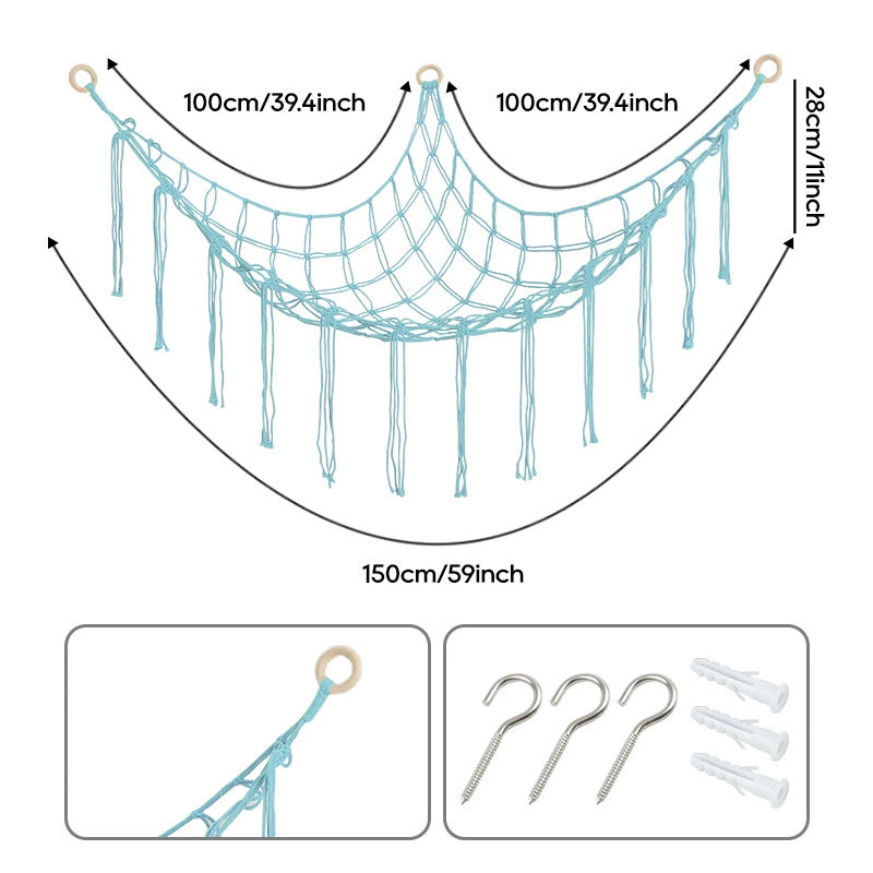 Hand-knitted Large Plushie Net Toy Hammock with Wooden Rings