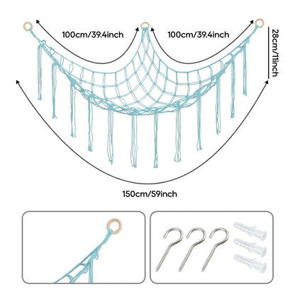 Hand-knitted Large Plushie Net Toy Hammock with Wooden Rings