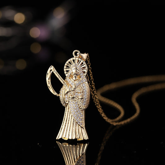14K Yellow Gold Zircon La Santa Muerte Necklace For Women and Men