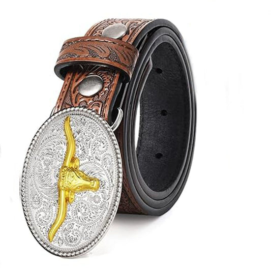 Embossed Cowboy Genuine Leather Kid Western Buckle Belts for Jeans Gifts