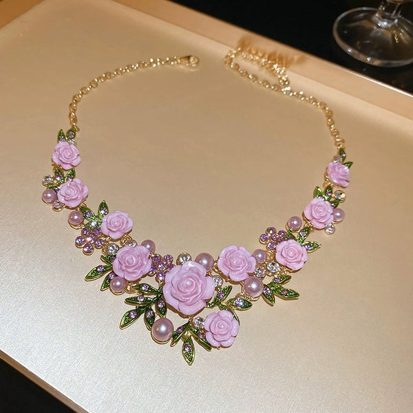 Sweet Floral and Leaf-shaped Gem and Pearl Necklace and Bracelet