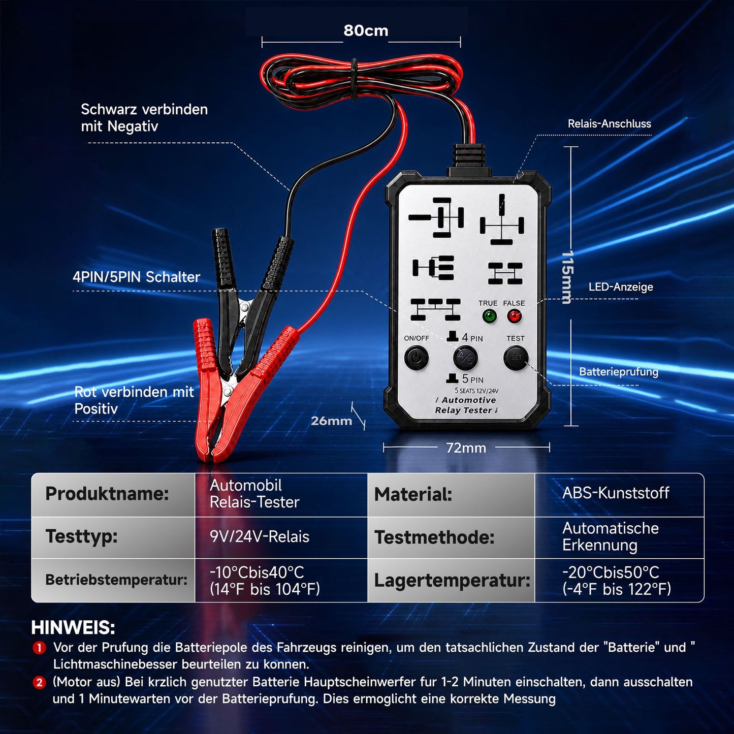 12V/24V Multi-Pin Automotive Relay Tester with Battery Clips
