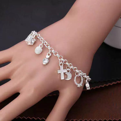 925 Sterling Silver Fashion 13pcs Pendant Chain Charm Bracelet