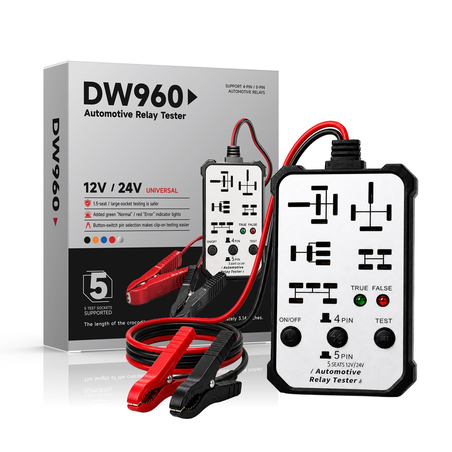 12V/24V Multi-Pin Automotive Relay Tester with Battery Clips
