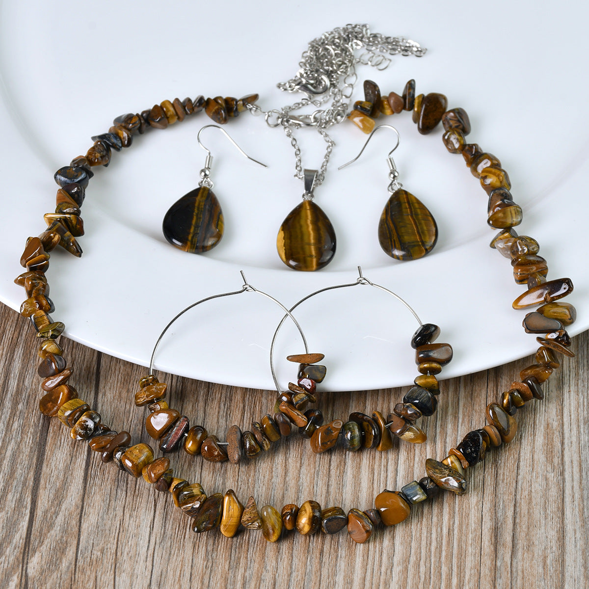 Vintage Tiger Eye Stone Necklace Earrings Jewelry Set