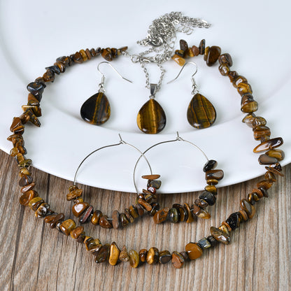 Vintage Tiger Eye Stone Necklace Earrings Jewelry Set