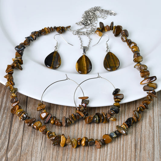 Vintage Tiger Eye Stone Necklace Earrings Jewelry Set